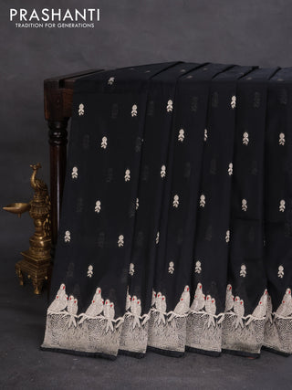 Banarasi semi katan silk saree black with allover zari woven buttas and parrot design zari woven border