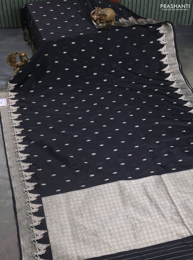 Banarasi semi katan silk saree black with allover zari woven buttas and parrot design zari woven border
