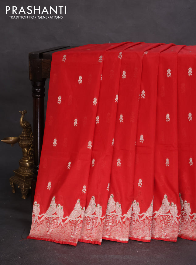 Banarasi semi katan silk saree red with allover zari woven buttas and parrot design zari woven border