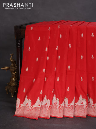 Banarasi semi katan silk saree red with allover zari woven buttas and parrot design zari woven border