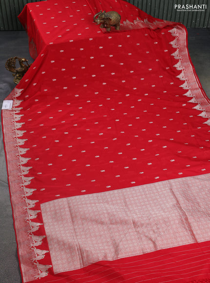 Banarasi semi katan silk saree red with allover zari woven buttas and parrot design zari woven border