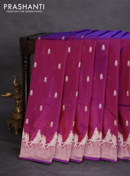 Banarasi semi katan silk saree purple with allover zari woven buttas and parrot design zari woven border