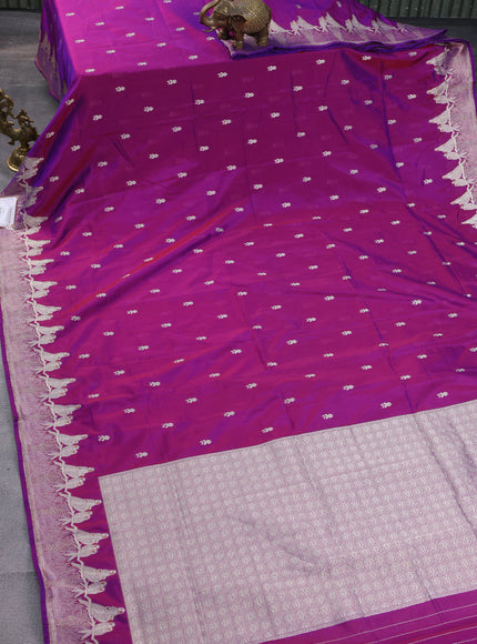 Banarasi semi katan silk saree purple with allover zari woven buttas and parrot design zari woven border