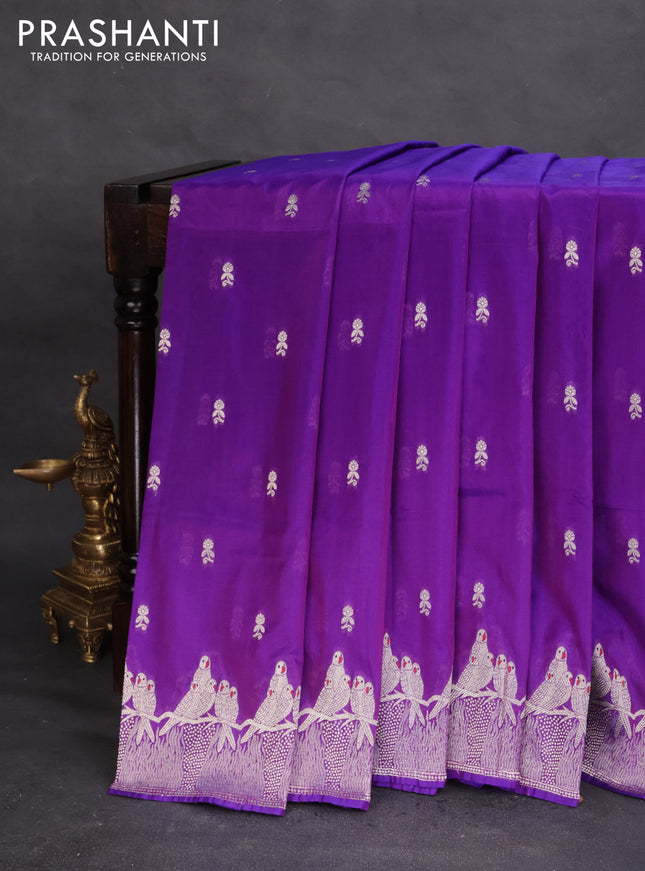 Banarasi semi katan silk saree purple with allover zari woven buttas and parrot design zari woven border