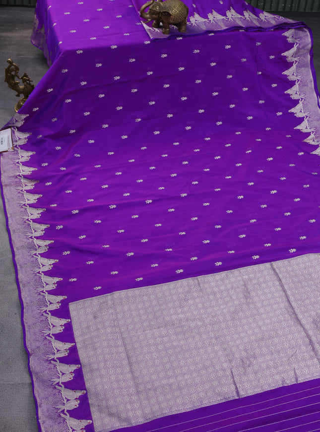 Banarasi semi katan silk saree purple with allover zari woven buttas and parrot design zari woven border