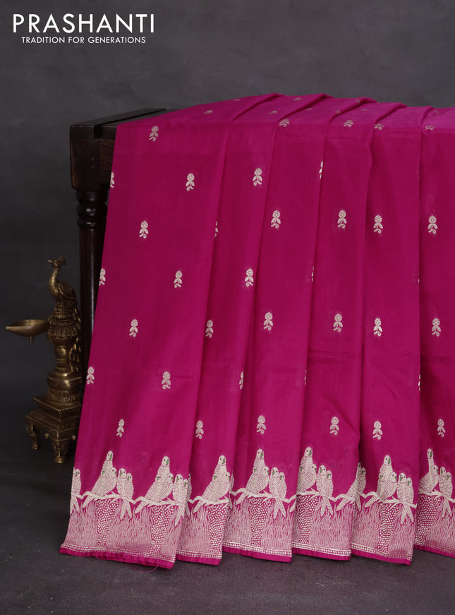 Banarasi semi katan silk saree pink with allover zari woven buttas and parrot design zari woven border