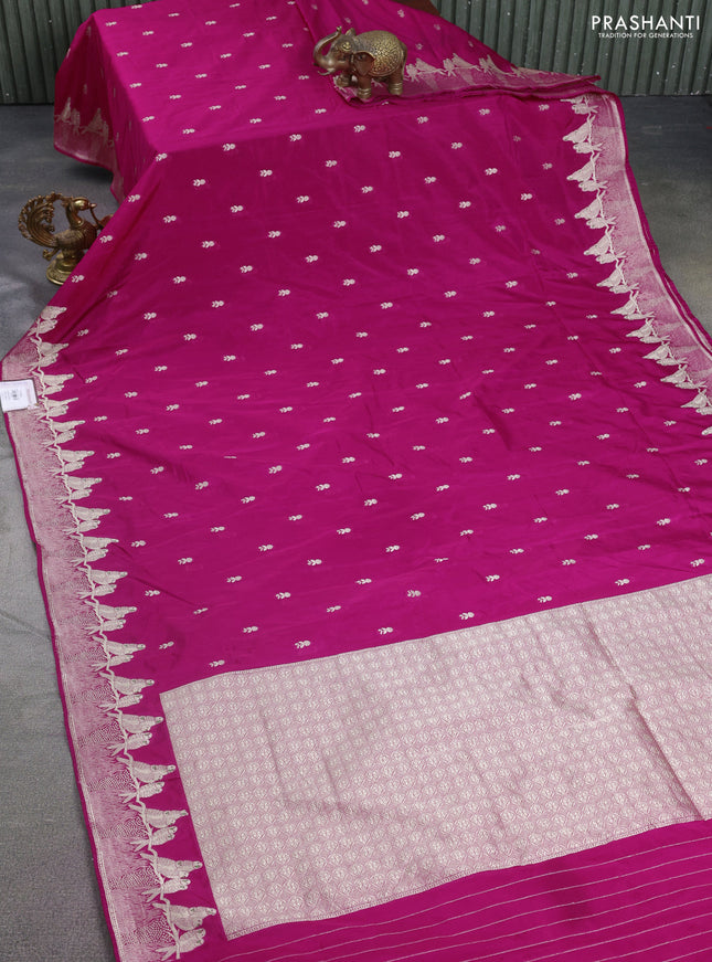Banarasi semi katan silk saree pink with allover zari woven buttas and parrot design zari woven border
