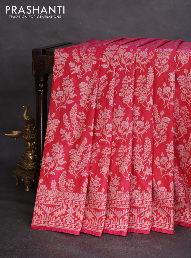 Banarasi semi katan silk saree reddish pink with allover zari weaves and zari woven border