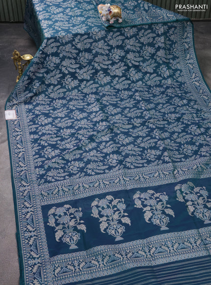 Banarasi semi katan silk saree dual shade of bluish green with allover zari weaves and zari woven border