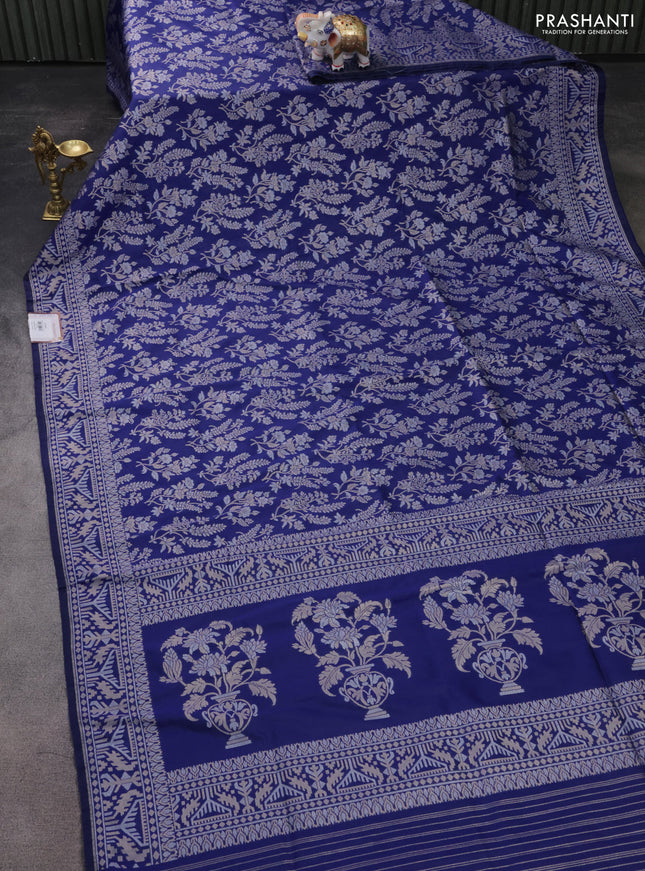 Banarasi semi katan silk saree blue with allover zari weaves and zari woven border