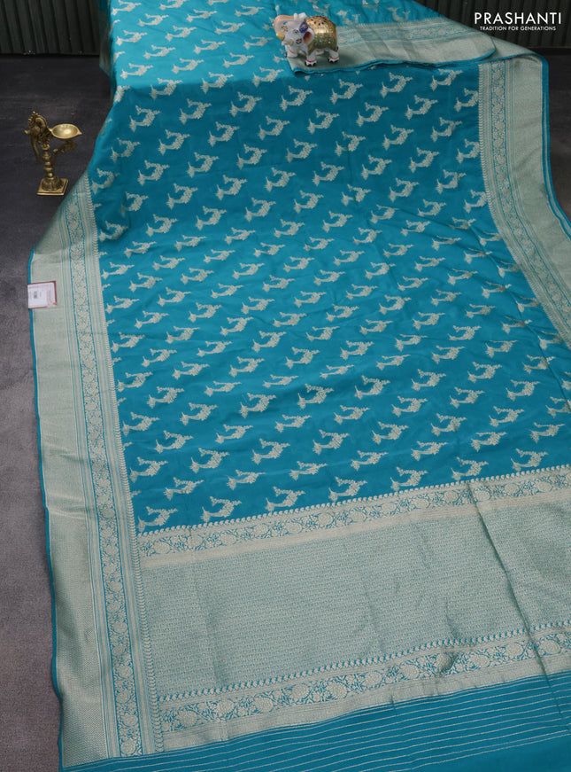Banarasi semi katan silk saree teal blue with zari woven buttas and zari woven border