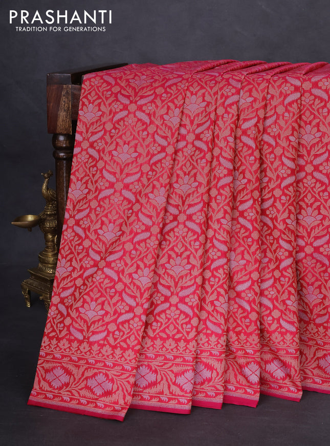 Banarasi semi katan silk saree pink with allover zari woven brocade weaves and zari woven border
