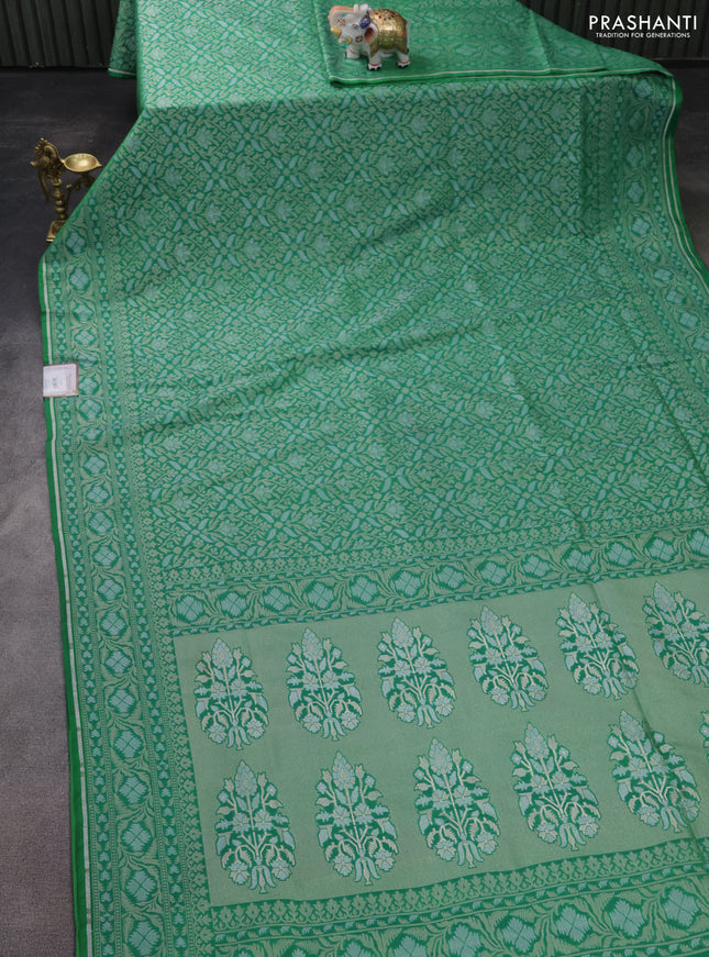 Banarasi semi katan silk saree green with allover zari woven brocade weaves and zari woven border