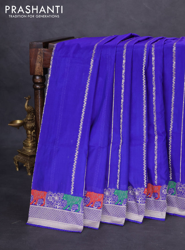 Banarasi semi katan silk saree blue with allover zari weaves and rich zari woven border