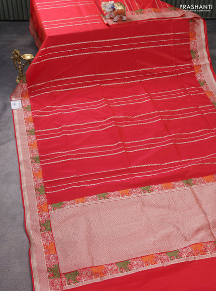 Banarasi semi katan silk saree red with allover zari weaves and rich zari woven border