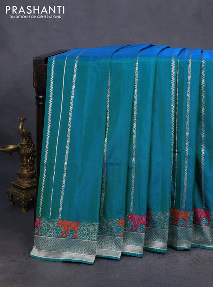Banarasi semi katan silk saree dual shade of teal bluish green with allover zari weaves and thread & zari woven border