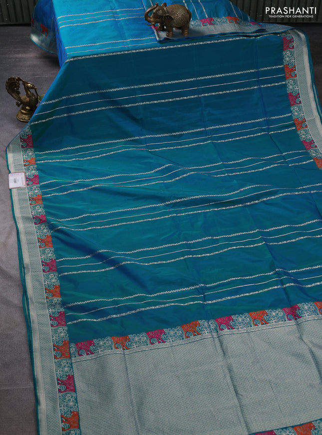 Banarasi semi katan silk saree dual shade of teal bluish green with allover zari weaves and thread & zari woven border