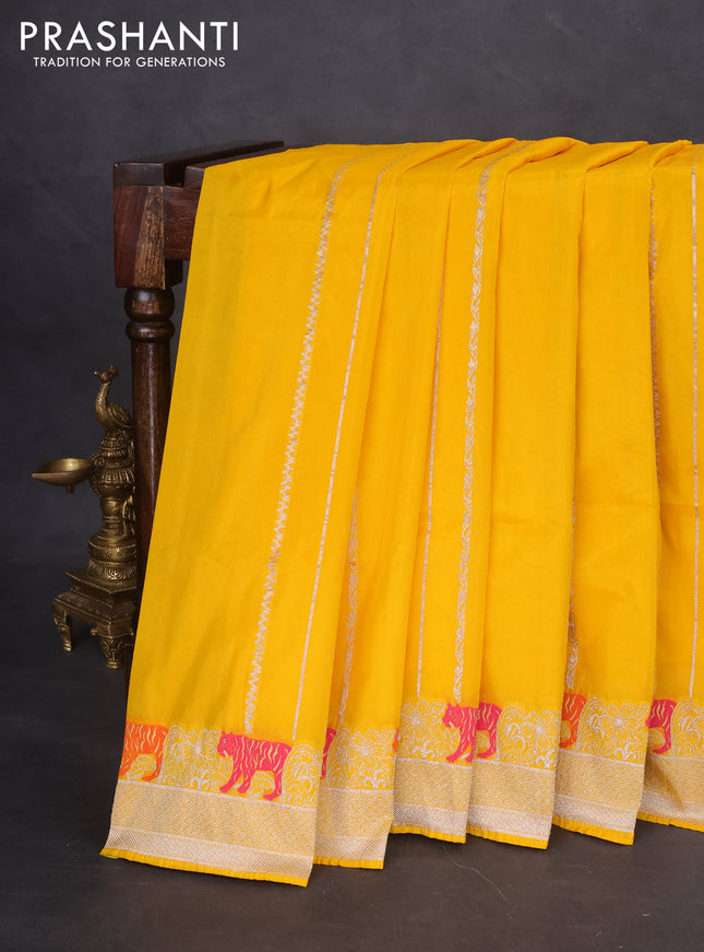 Banarasi semi katan silk saree yellow with allover zari weaves and rich zari woven border