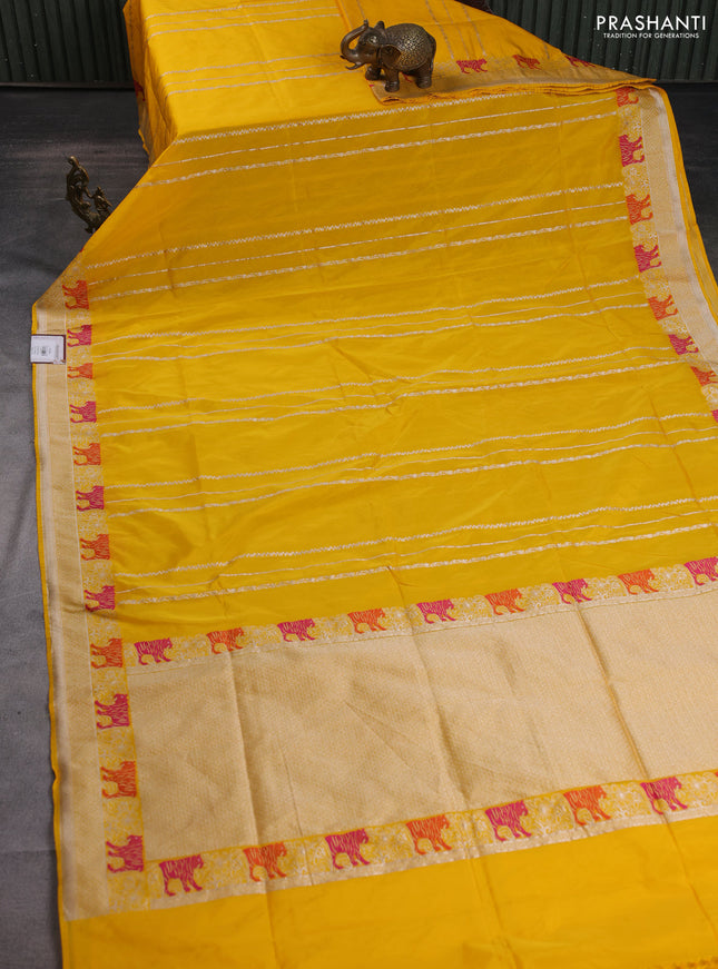 Banarasi semi katan silk saree yellow with allover zari weaves and rich zari woven border