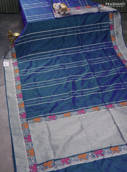 Banarasi semi katan silk saree dual shade of bluish green with allover zari weaves and rich zari woven border