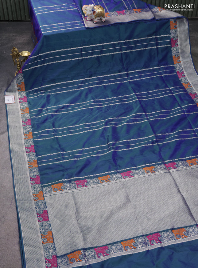 Banarasi semi katan silk saree dual shade of bluish green with allover zari weaves and rich zari woven border