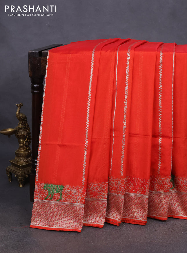 Banarasi semi katan silk saree orange with allover zari weaves and thread & zari woven border
