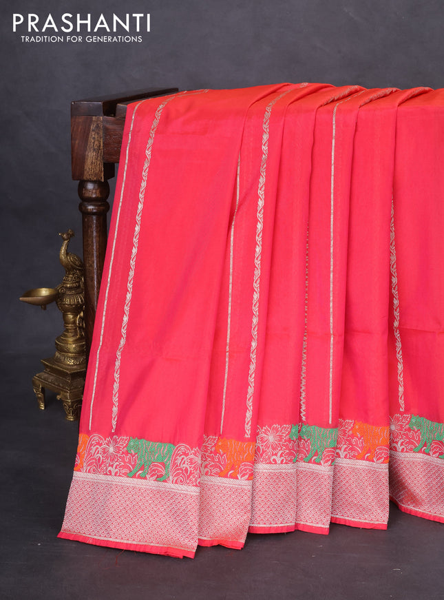Banarasi semi katan silk saree peach pink with allover zari weaves and rich zari woven border