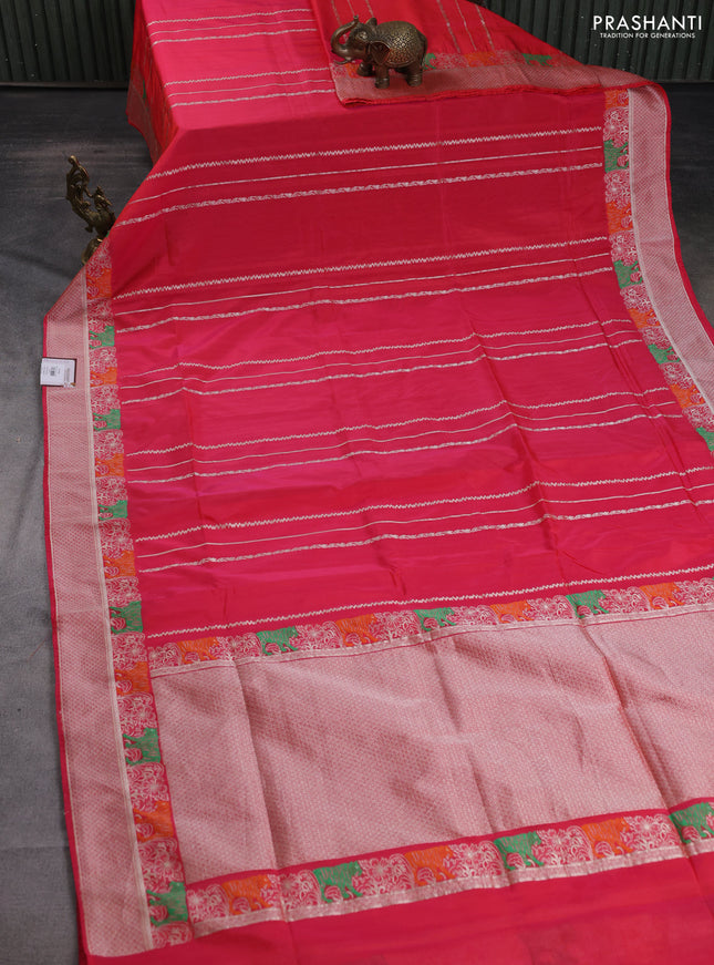 Banarasi semi katan silk saree peach pink with allover zari weaves and rich zari woven border