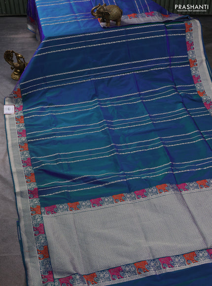 Banarasi semi katan silk saree dual shade of bluish green with allover zari weaves and thread & zari woven border