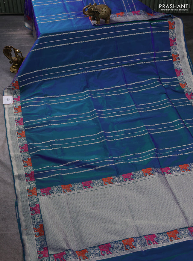 Banarasi semi katan silk saree dual shade of bluish green with allover zari weaves and thread & zari woven border