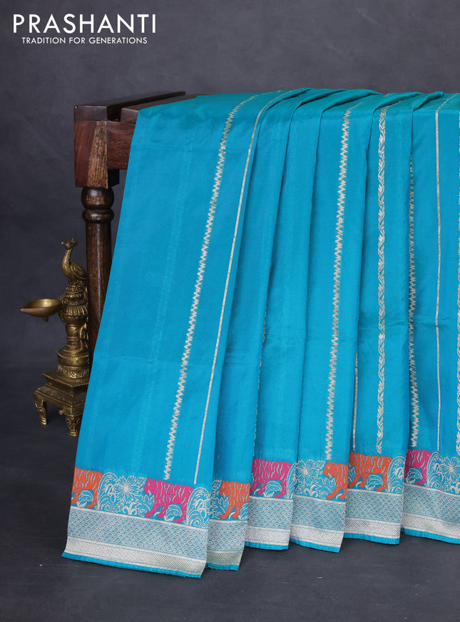 Banarasi semi katan silk saree teal blue with allover zari weaves and rich zari woven border