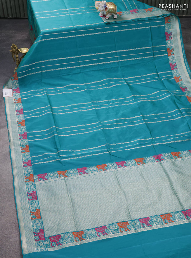 Banarasi semi katan silk saree teal blue with allover zari weaves and rich zari woven border