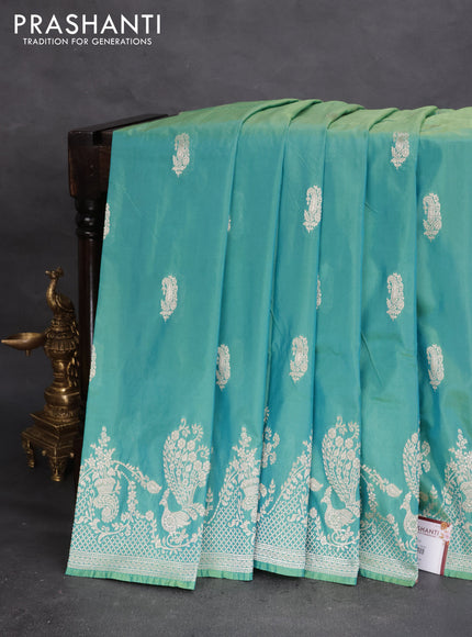 Banarasi semi katan silk saree teal bluish green with zari woven buttas and rich zari woven border