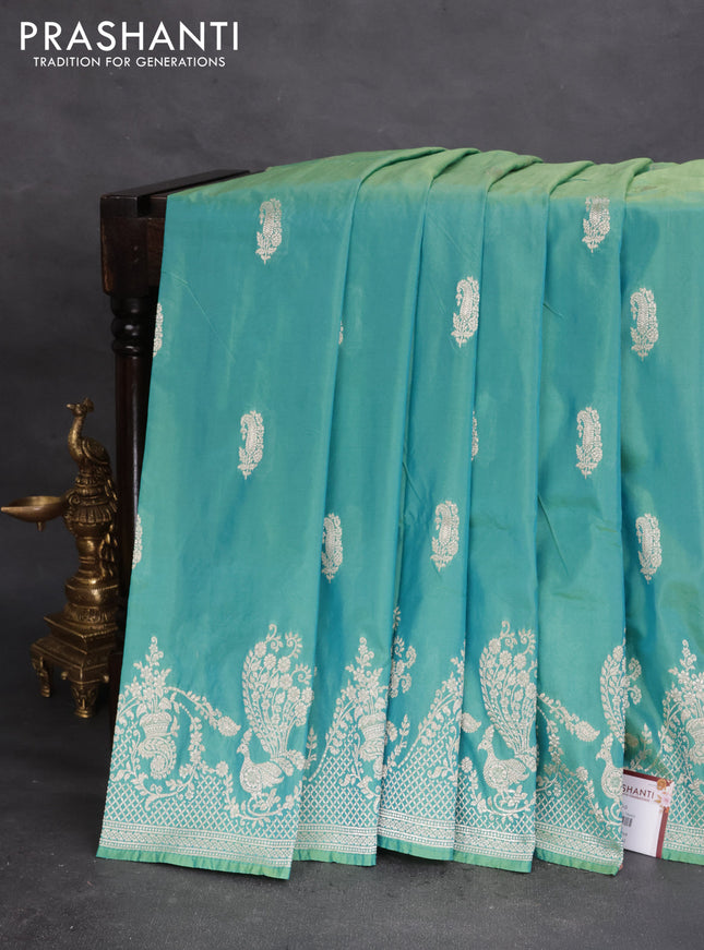 Banarasi semi katan silk saree teal bluish green with zari woven buttas and rich zari woven border