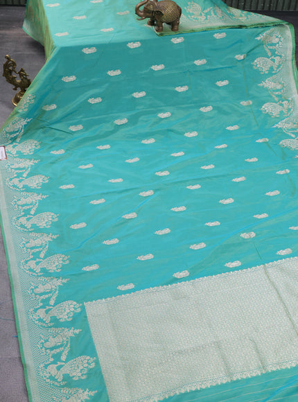 Banarasi semi katan silk saree teal bluish green with zari woven buttas and rich zari woven border