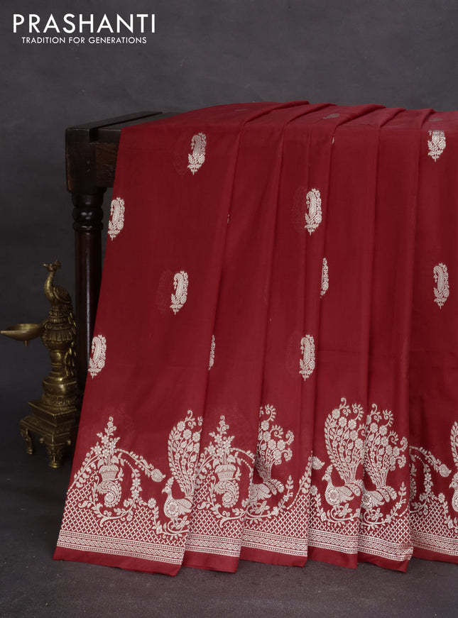 Banarasi semi katan silk saree red with zari woven buttas and rich zari woven border