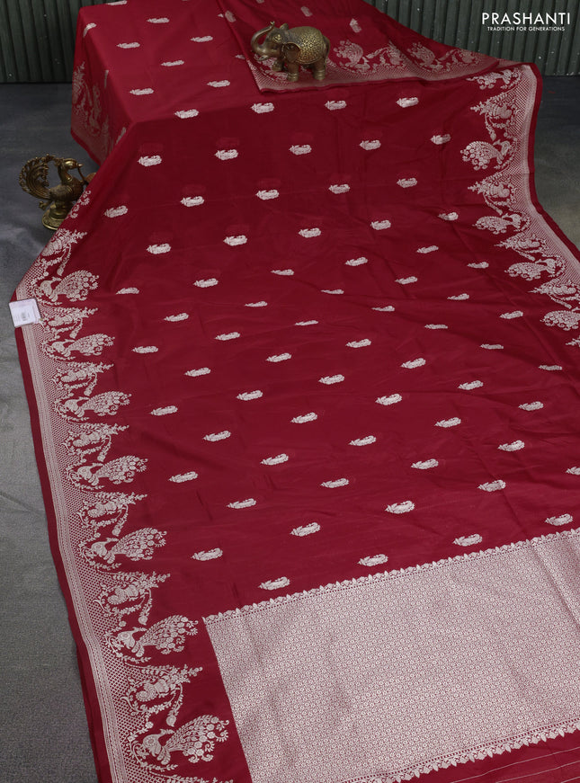 Banarasi semi katan silk saree red with zari woven buttas and rich zari woven border