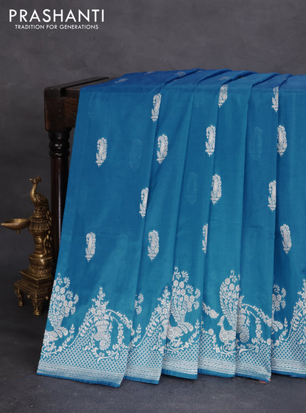 Banarasi semi katan silk saree cs blue with zari woven buttas and rich zari woven border