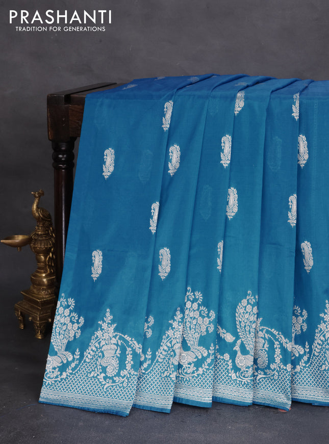 Banarasi semi katan silk saree cs blue with zari woven buttas and rich zari woven border