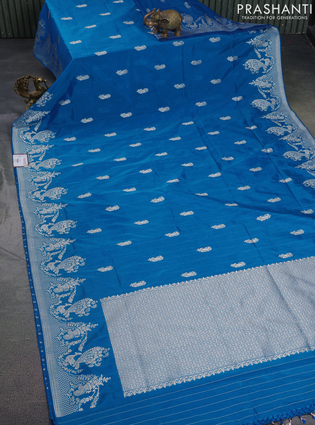 Banarasi semi katan silk saree cs blue with zari woven buttas and rich zari woven border