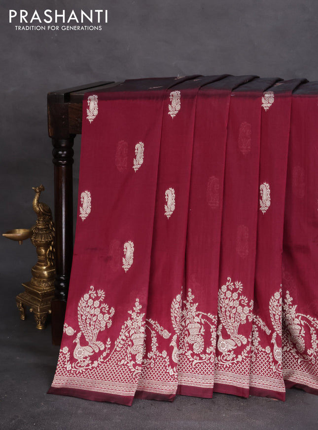 Banarasi semi katan silk saree maroon with zari woven buttas and rich zari woven border