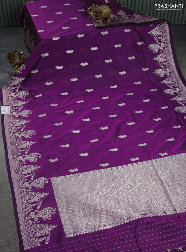 Banarasi semi katan silk saree purple with zari woven buttas and rich zari woven border