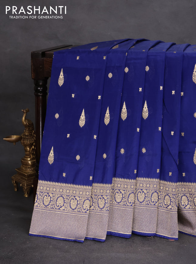 Banarasi semi katan silk saree blue with zari woven buttas and rich zari woven border