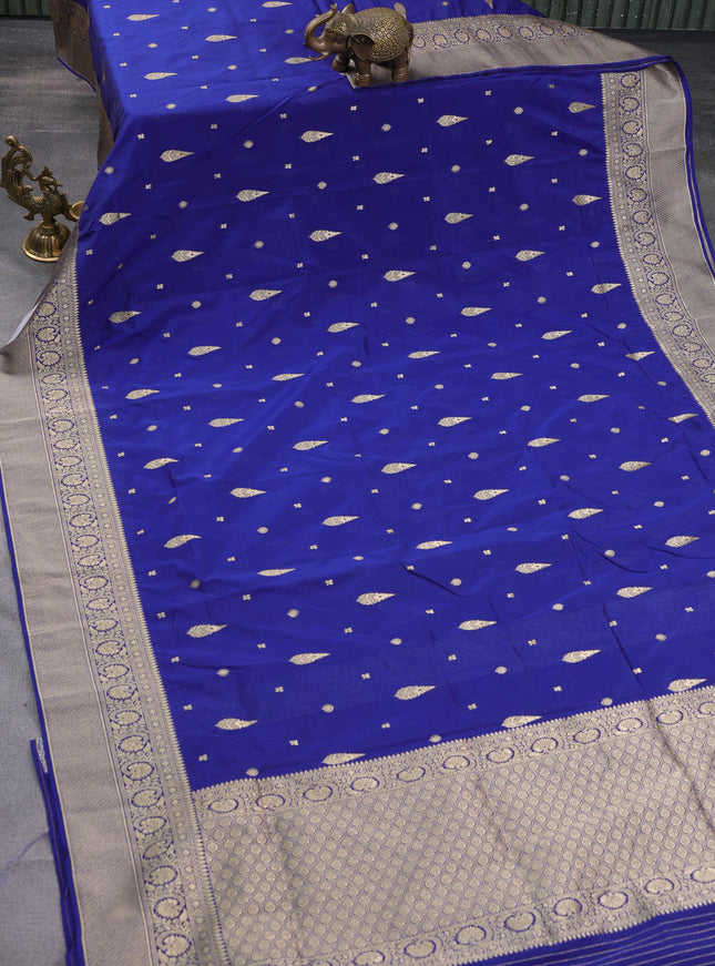 Banarasi semi katan silk saree blue with zari woven buttas and rich zari woven border