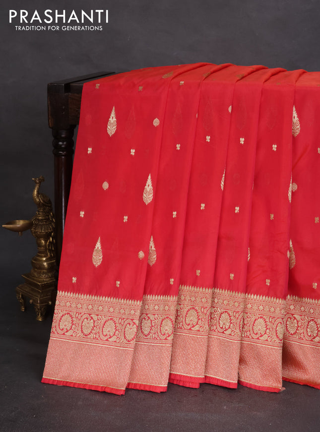 Banarasi semi katan silk saree reddish pink with zari woven buttas and rich zari woven border