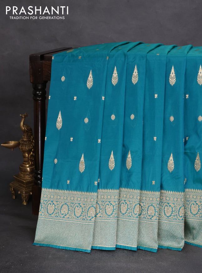 Banarasi semi katan silk saree dual shade of teal blue with zari woven buttas and rich zari woven border