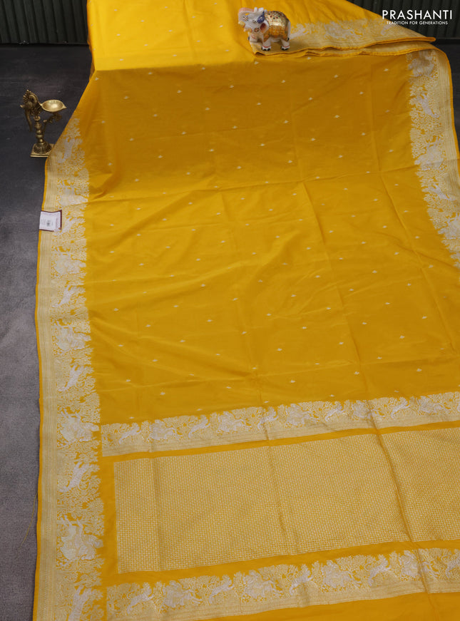 Banarasi semi katan silk saree yellow with silver zari woven buttas and rich zari woven border