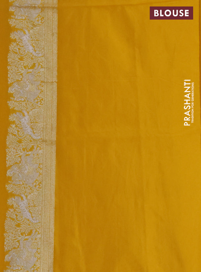 Banarasi semi katan silk saree yellow with silver zari woven buttas and rich zari woven border