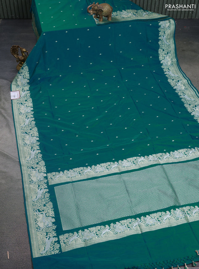 Banarasi semi katan silk saree teal green with silver zari woven buttas and rich zari woven border