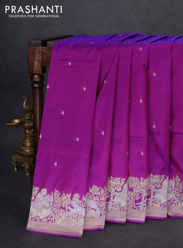 Banarasi semi katan silk saree purple with silver zari woven buttas and rich zari woven border